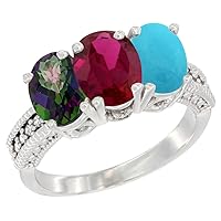 10K White Gold Natural Mystic Topaz, Enhanced Ruby & Natural Turquoise Ring 3-Stone Oval 7x5 mm Diamond Accent, Sizes 5-10