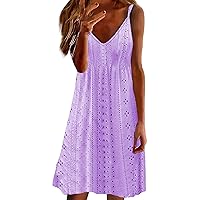 Womens Sleeveless Dresses 2024 Summer Spaghetti Strap Midi Dress Casual Beach Cover Ups Hollow Out Loose Boho Sundress