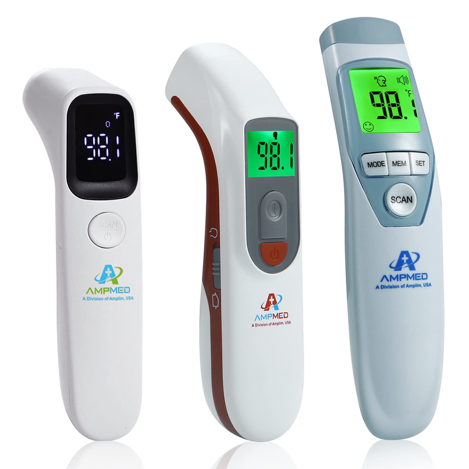 3-Pack Amplim CA1 W2 AE3 Non-Contact Touchless Infrared Digital Forehead Thermometer for Adults and Babies