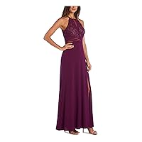 Morgan & CO Womens Purple Glitter Slitted Sleeveless Halter Full-Length Formal Pleated Dress Juniors 3