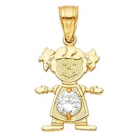 14K Yellow Gold Birthstone Cubic Zirconia CZ Girl Charm Pendant For Necklace or Chain