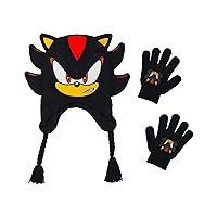Shadow The Hedgehog Kids Beanie Hat and Gloves Set, Sonic The Hedgehog Peruvian Winter Knit Cap with Tassels, 3D Quills, and Matching Mittens, Black, One Size