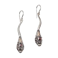 NOVICA Handmade .925 Sterling Silver Gold Accented Garnet Dangle Earrings Dragon with Red Indonesia Animal Themed Birthstone [2.4 in H x 0.4 in W x 0.2 in D] 'Dragon Queen'