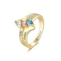 10K/14K/18K Gold Natural Diamond Personalized Birthstone Rings for Women Custom Engraved 2-6 Names Ring for Mom Mothers Ring with 1-6 Birthstones