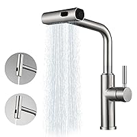 Waterfall Kitchen Faucets, 3 Modes(Sweep/Stream/Waterfall) Kitchen Faucet with Pull Down Sprayer, Stainless Steel Kitchen Sink Faucet 360° Swivel Brushed Nickel Single Lever Handle