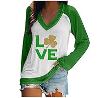 Womens Tunic Tops Casual St. Patrick's Day Printed Color Patchwork Long Sleeve V-Neck Pullover Loose Blouse T-Shirt