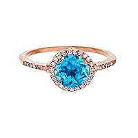 Sterling Silver Rose 7mm Round Swiss Blue Topaz & Created White Sapphire Halo Ring