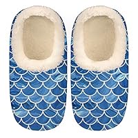 Blue Mermaid Fish Scale Slippers for Women， Soft Cozy Warm Fuzzy Memory Foam House Slippers， Non Slip Closed Back Winter Comfy Plush Ladies House Shoes for Indoor Bedroom