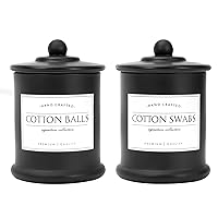 2 Pack Farmhouse Apothecary Jars with Lids - Glass Qtip Dispensers and Cotton Ball Holders for Bathroom Vanity Storage and Organization with 8 Pcs Wterproof Labels (Black Glass)