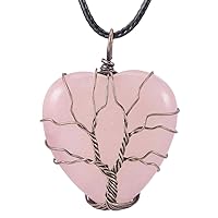 TUMBEELLUWA Natural Crystal Tree of Life Healing Heart Pendant Wire Wrapped Chakra Necklace with Wax Rope Reiki Elegant Jewelry