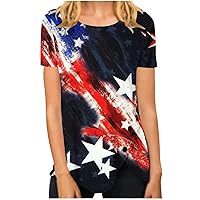 American Flag Shirts for Women Summer Crewneck Button Side Blouses Patriotic Shirts USA Flag Graphic Tee Tops