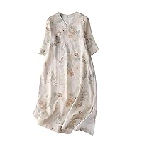 Chinese Wrap Button Trim Linen Dress Womens Retro Floral Print Half Sleeve V Neck Shirt Dress Split Side Qipao Dress