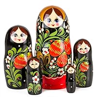 Khokhloma Art Nesting Doll (5 pc.), Nesting Dolls Matryoshka Wood Stacking Nested Set 5 Pieces, Handmade Toys for Christmas, Acrylic Paints, Lacquer, Wood