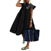 Womens Summer Dresses Sleeveless Ruffle Sleeve Crewneck Solid Loose Short Flowy Pleated Mini Babydoll Dress