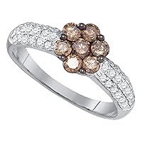 TheDiamondDeal 10kt White Gold Womens Round Brown Diamond Flower Cluster Ring 7/8 Cttw