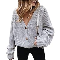 Women's V Neckline Button Down Knitwear Lantern Sleeve Basic Knit Cardigan Sweater Tops