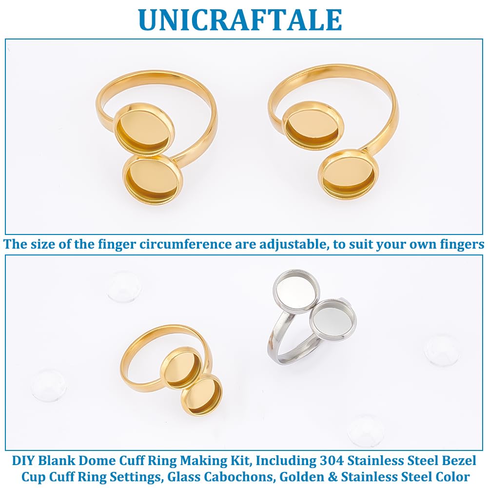 UNICRAFTALE 34Pcs DIY Blank Dome Cuff Ring Making Kit 304 Stainless Steel Bezel Cup Cuff Ring Settings Round Ring Blanks Settings Frame Double Tray Bezel Glass Cabochons for Jewelry Making