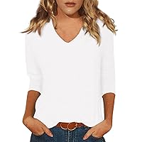 Women Solid Color V Neck 2023 Trend Shirt Cotton Breathable 3/4 Sleeve Blouse top