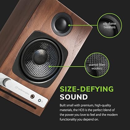 Audioengine HD3 Wireless Speakers with Bluetooth - 60W Powered Computer Speakers for Desktop Monitor and Home Music System with aptX HD Bluetooth, AUX, USB, RCA, 24-bit DAC (Walnut, Pair)