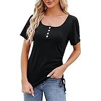 Women's Tops Casual Fashion Sexy Solid Color Button U-Neck Drawstring Top Spring, S-XL
