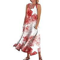Summer Dresses for Women 2024, Women's Casual Print Sleeveless Cotton Linen Pocket Dress House with, S, 5XL