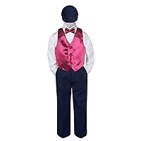 5pc Baby Toddler Kid Boys Burgundy Vest Navy Pants Bow Tie Hat Suits Set (7)