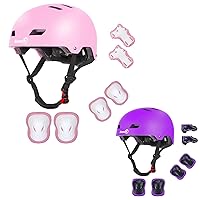Kids Bike Helmet with Knee Pads Elbow Pads Wrist Guards for Age 3-14+ Youth/Teens, Pink Small and Purple Small