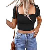 Women's Workout Crop Top Ribbed Sexy Exercise Shirts Short Sleeve Casual Basic Crop Tops