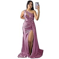 Plus Size Sequin Applique Prom Dresses One Shoulder Mermaid High Slit Long Evening Gowns for Women 2024 Mauve