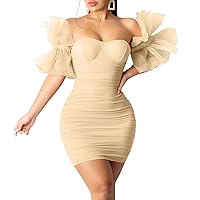 Zebaexf Sexy Bodycon Dress for Women, Puff Sleeve Mesh Cocktail Dresses