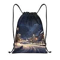 X-mas Snowing Print Drawstring Backpack Waterproof Drawstring Bags Fashion Beach Bag for Men Women Small