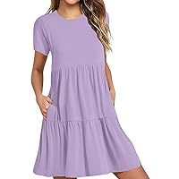 Summer Dresses for Women 2024 Casual Smocked Short Sleeve Shirts Dress High Waist Tiered Hem Cute Mini Dress (X-Large, Light Blue)