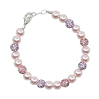 Stylish Purple and Rose Pave Beads with Pink European Simulated Pearls Sparkly Baby Girl Keepsake Bracelet (BSHM)