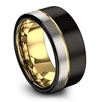 Tungsten Wedding Band Ring 12mm for Men Women 18k Rose Yellow Gold Plated Flat Cut Off Set Line Black Grey Half Brushed Polished