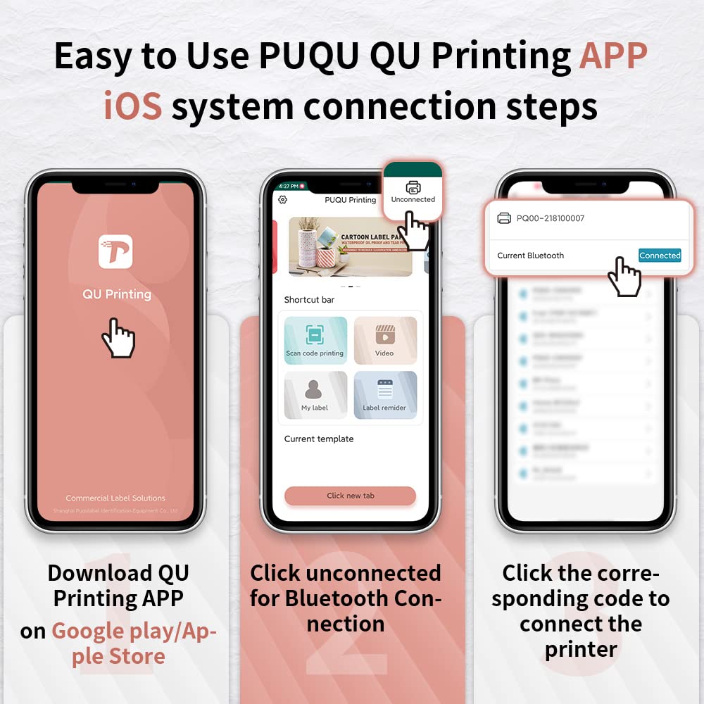 PUQU Label Maker | Portable Bluetooth Thermal Label Printer Q00 with Rechargeable Battery, Apply to Clothing, Jewelry, Retail, Mailing, Barcode and More, Compatible for Android & iOS System