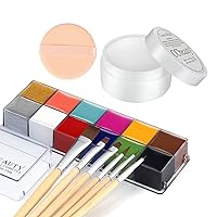 CCbeauty Halloween Face Body Paint Oil 12 Colors Bundle with 6 Wooden Brushes,White Clown Makeup (1.9 oz) ,Powder Puff for Vampire Cosplay