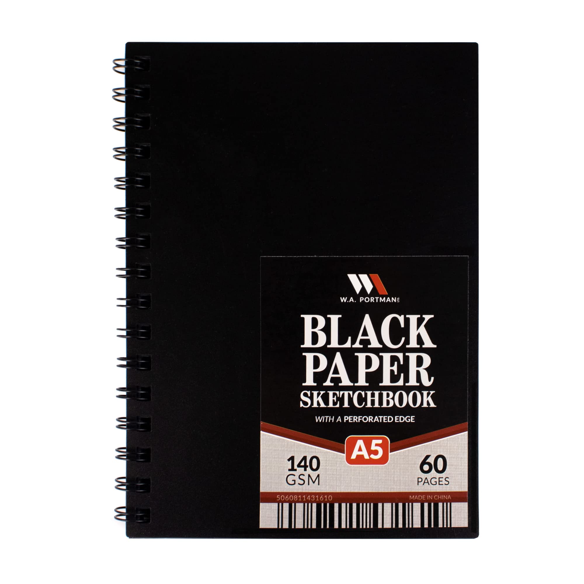 WA Portman Black Paper Sketchbook - A5 (6 x 8.25) Black Drawing Paper -  Black Paper Journal with Black Art Paper - 60 Page Black Paper Notebook 