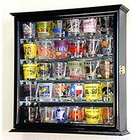 Shot Glasses Display Case Holder Cabinet Wall Rack w/ Mirror Backed and 4 Glass Shelves -Black