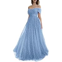 Sparkly Starry Tulle Prom Dresses for Teens Off The Shoulder Sweetheart Long Ball Gown A Line Formal Evening Party Gown