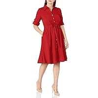 Sharagano Women's Button Front Belted Shirt Dress with Roll Up Sleeves