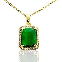 Simulated Emerald Halo Pendant Necklace Emerald Cut Gemstone Pendant Necklace with Gold Plated Cable Chain May Birthstone Green Gemstone Jewelry Valentines Day Gift for Women Girls Fiancee