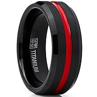Men's Titanium Ring Wedding Band, Black and Red Plated Brushed Engagement Ring, Grooved, Comfort Fit 7-13