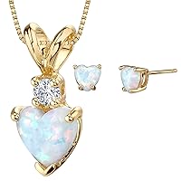 PEORA 14K Yellow Gold Created White Opal Pendant and matching Earrings - Heart Shaped Created White Opal Diamond Pendant 0.50 Carat + Heart Shaped Created White Opal Stud Earrings 1 Carat