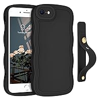 GUAGUA for iPhone SE 2022/2020 Case, iPhone 7/8 Phone Case, Cute Curly Wave Shape Design Soft TPU with Wristband Kickstand Shockproof Protective Anti Slip Phone Case for iPhone SE 3rd/2nd 4.7'', Black