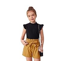 Floerns Girls 2 Piece Outfit Ruffle Trim Tee Top with Paperbag Waist Shorts Set