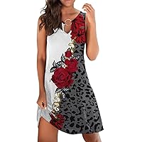 Red Summer Dress for Women,Women Summer Casual Sleeveless Floral Print Hollow Out V Neck Sundress Loose Beach M