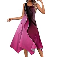 Casual Dresses for Women,Women's Sleeveless Fashion Print Casual Dress Round Neck Slim Fit Irregular Hem Midi Dress