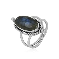 925 Sterling Silver Labradorite Moonstone Gemstone Rope Design Ring for Women Boho Jewelry