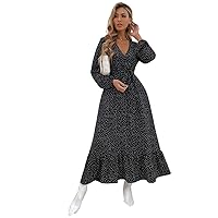 Womens Fall Fashion 2022 Polka Dot Bishop Sleeve Line Dress (Color : Black, Size : X-Large)
