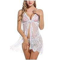 Women Sheer Lace Chemise Lingerie, Sexy Deep V Lingerie Floral Lace Halter Babydoll Boudoir Open Front Negligee